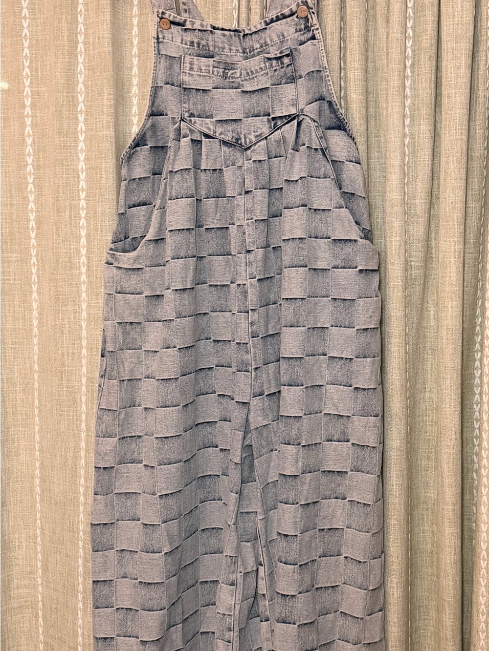 Washed Denim Checkered Overalls Jumpsuit